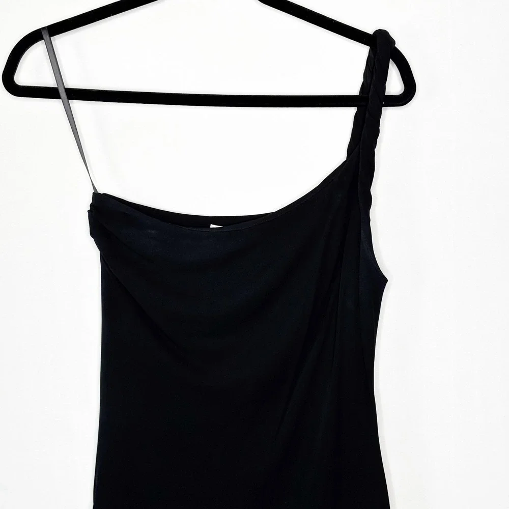 90s Cache Rolled One Shoulder Asymmetrical Hem Draped Midi Dress Black Size M - Picture 4 of 10